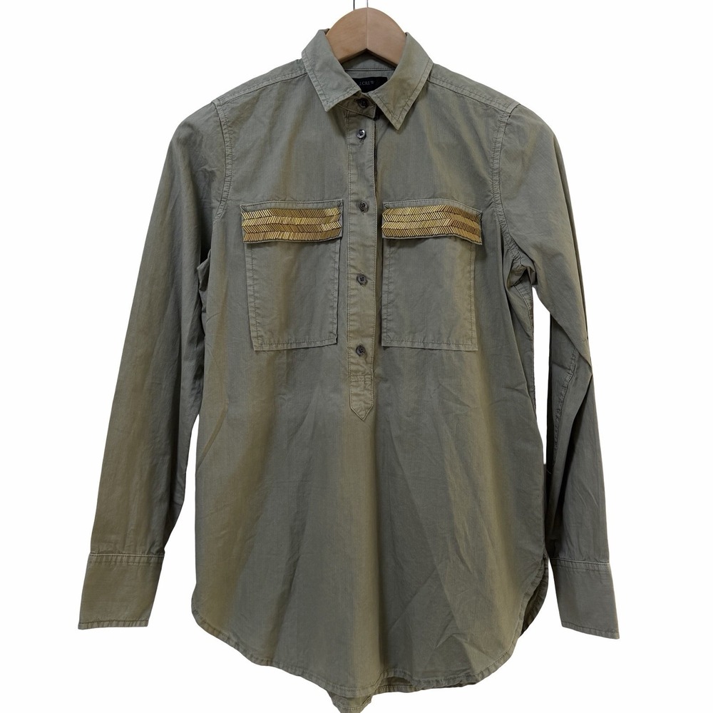 J Crew Womens Military Beaded Long Sleeve Popover Top Size 00‎ Olive Green NWT